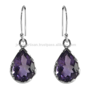 Gorgeous Pear Shape Amethyst Gemstone & 925 Silver Simple Design Earrings